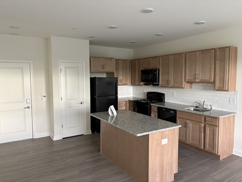 A kitchen with a black refrigerator, black stove, and wooden cabinets.