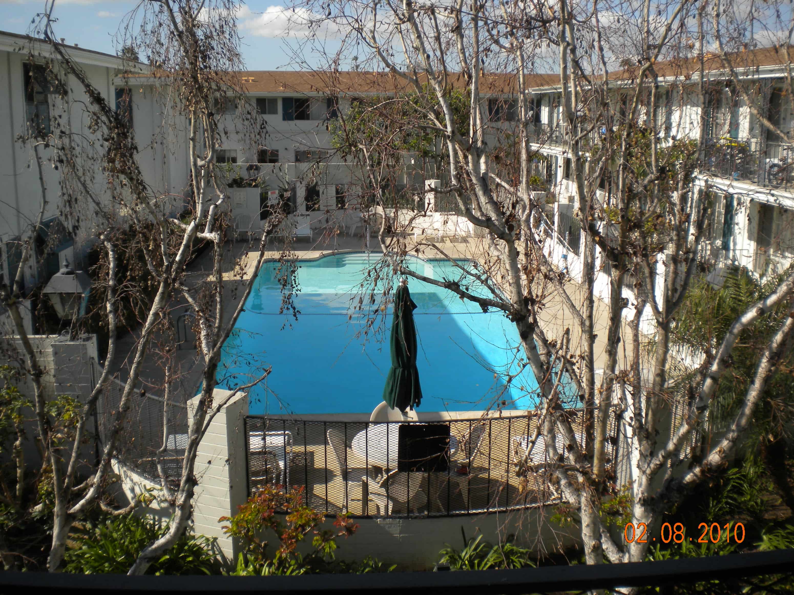 A pool surrounded by trees and buildings.