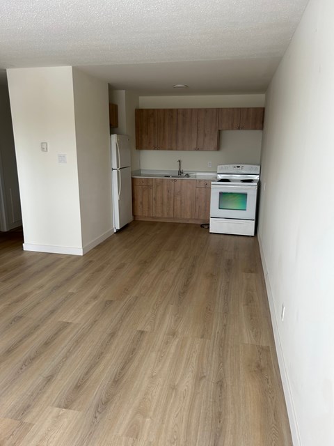 A kitchen with a white fridge, white oven, and wooden cabinets.