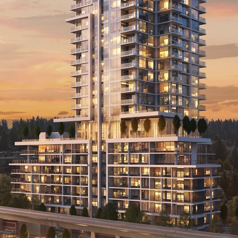 A modern high-rise building with balconies and trees in the foreground.