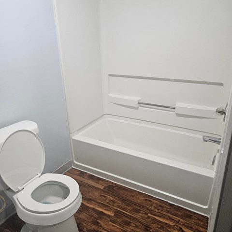 A white toilet is next to a white bathtub in a bathroom.