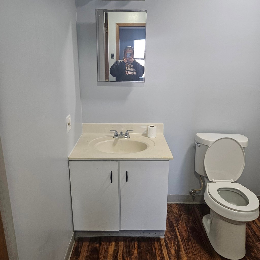 A bathroom with a toilet, sink and mirror.