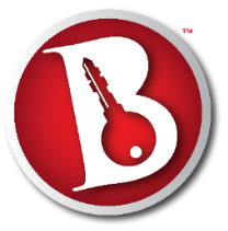 A red and white logo with a key in the letter B.