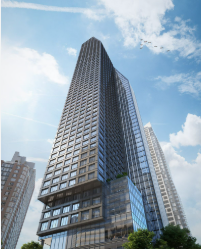 A tall building with a grid of windows is in the foreground.