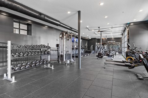 A gym with a variety of equipment including weights and cardio machines.
