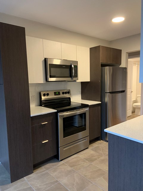 A modern kitchen with dark wood cabinets and stainless steel appliances.