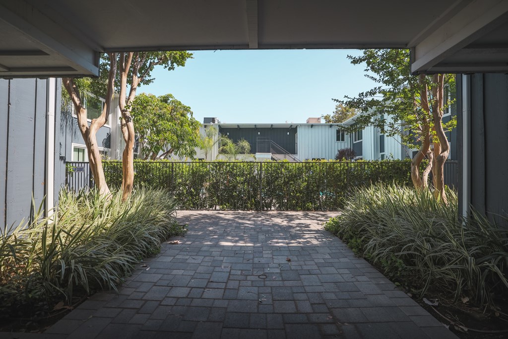 A pathway leads to a building with a fence and trees on either side.