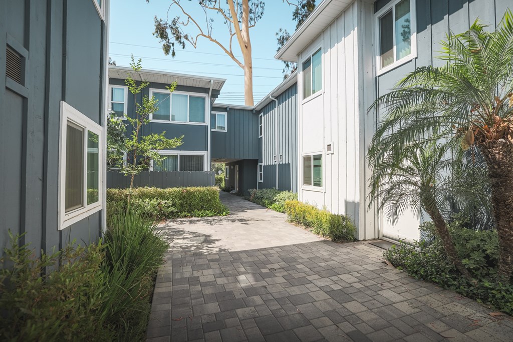A modern courtyard with a brick pathway surrounded by buildings and greenery.