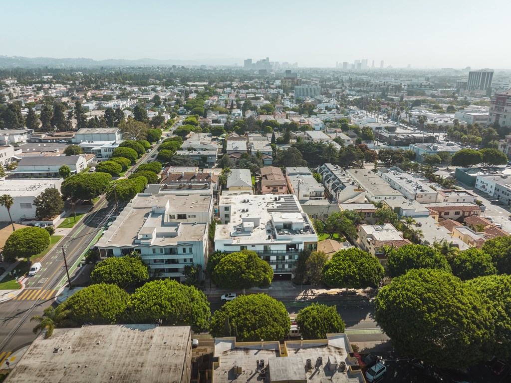 A cityscape with buildings and trees.