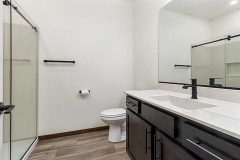 A bathroom with a toilet, sink, and a walk-in shower.