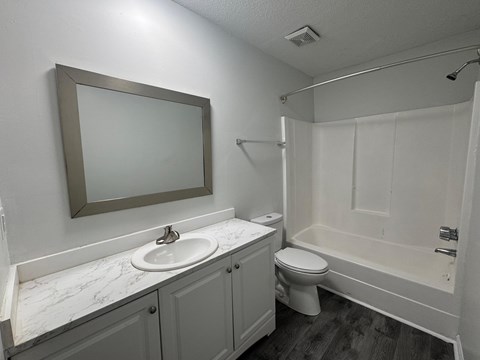 A bathroom with a toilet, sink, and mirror.