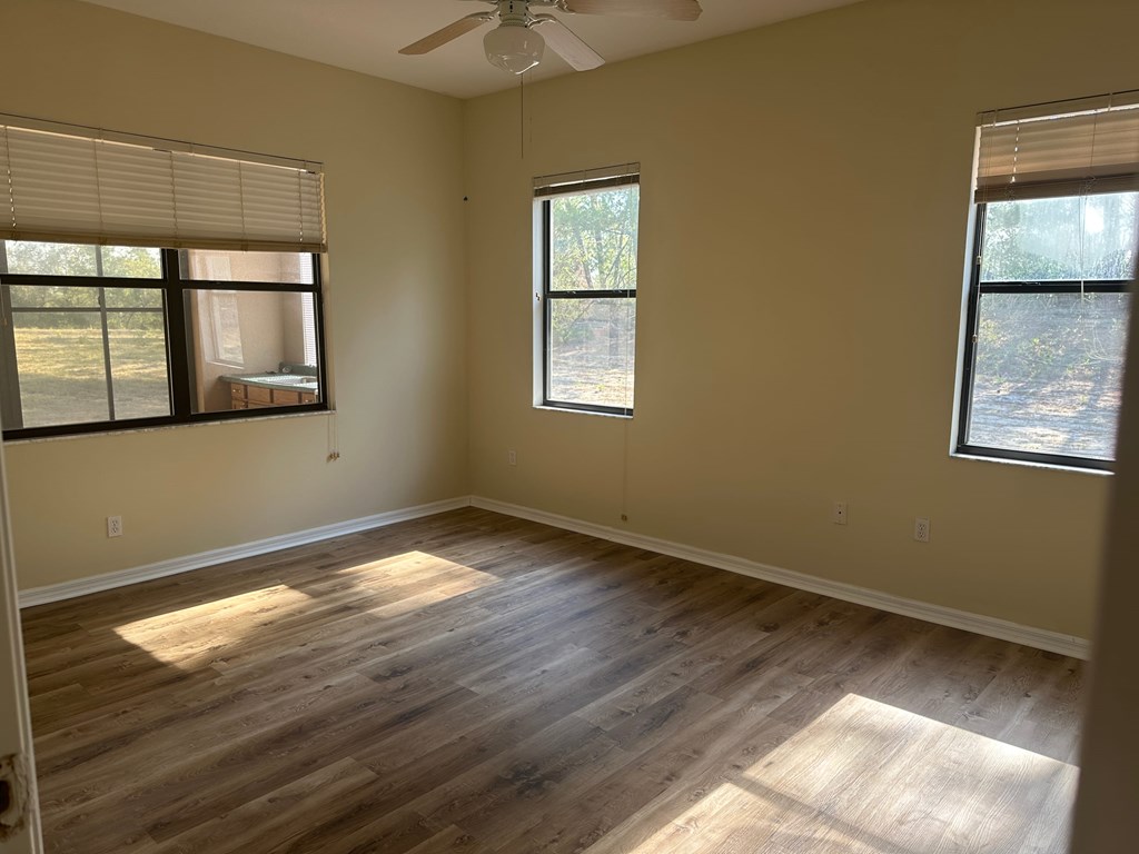 A room with a ceiling fan and two windows.
