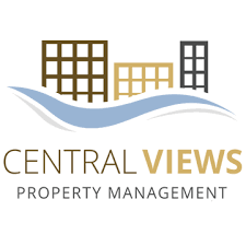 A logo for Central Views Property Management featuring three buildings and a blue wave.