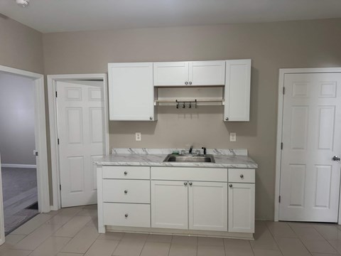 A white kitchen with a sink and cabinets.