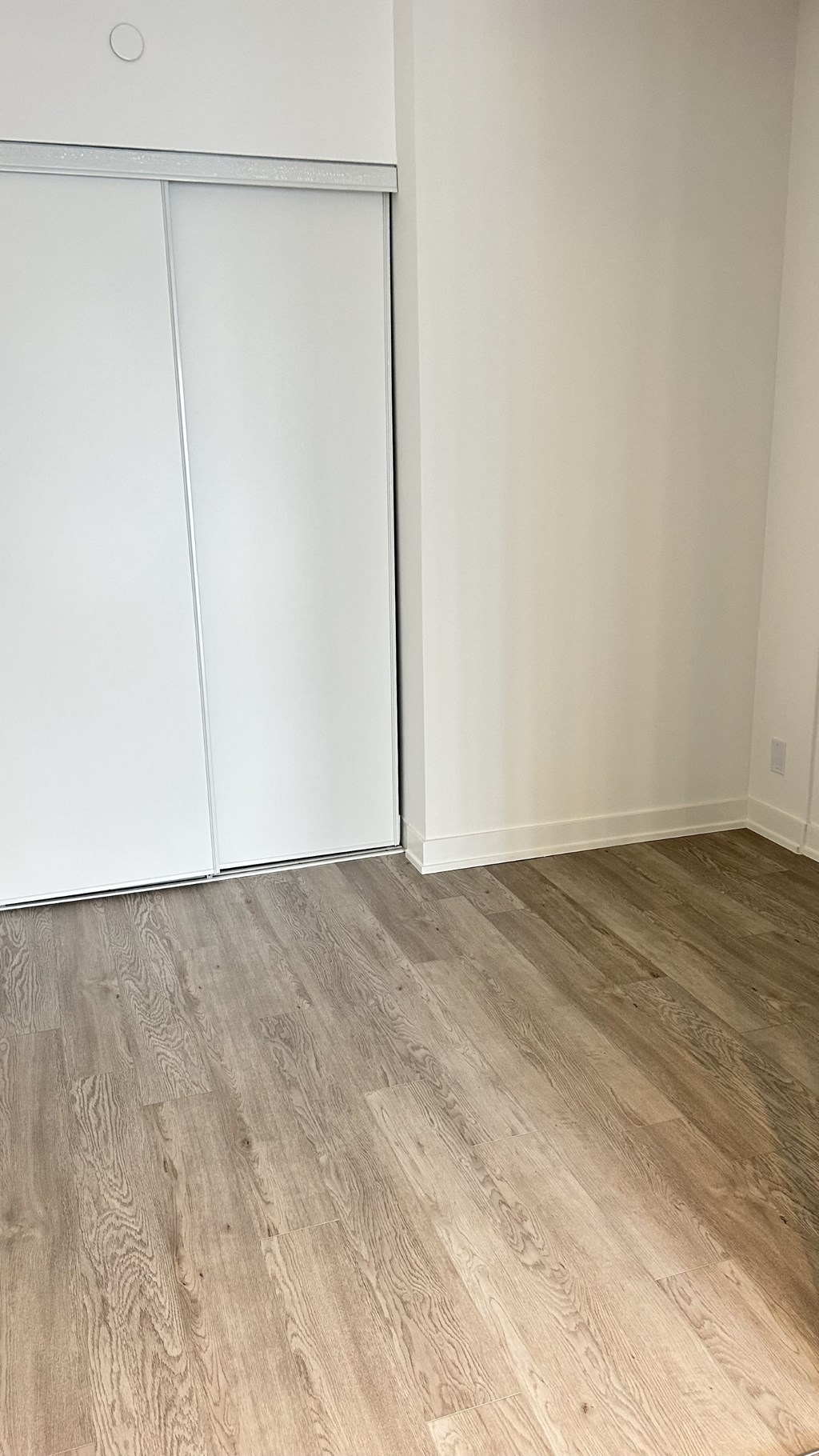 A white closet with a white door and a wooden floor.