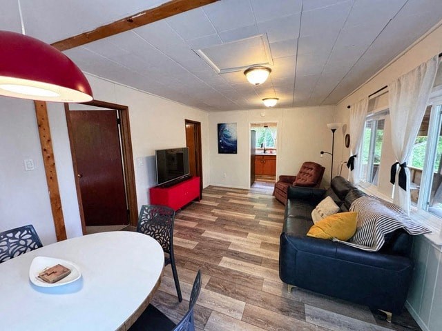 A living room with a couch, chair, and television.