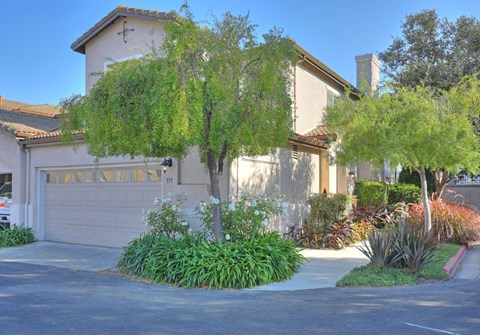 A house with a garage and a tree in front.