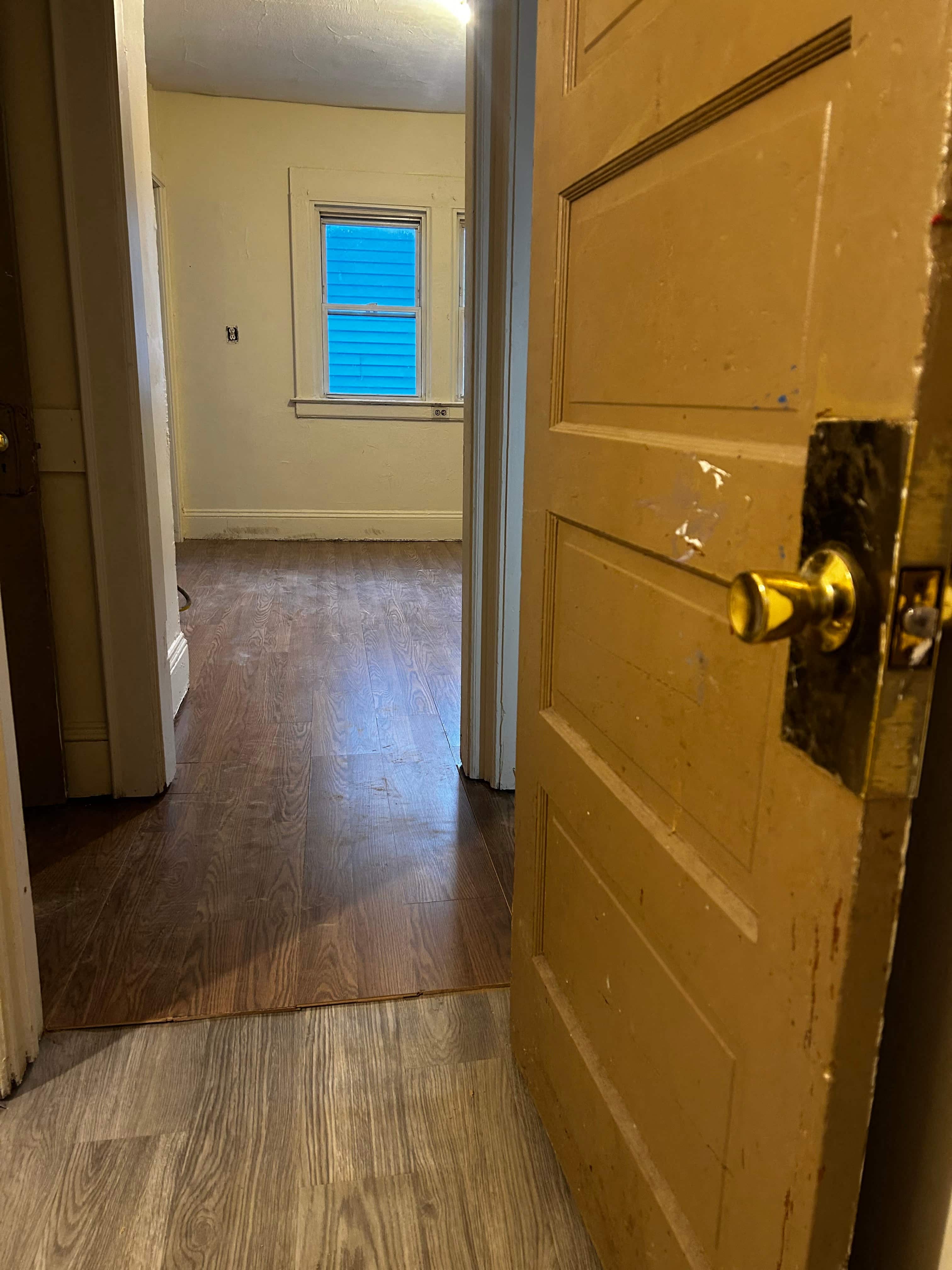 A room with a wooden floor and a door with a gold handle.