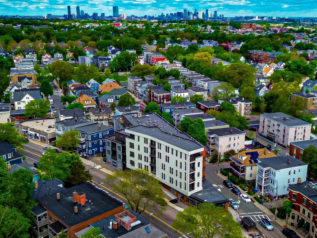 A cityscape with a mix of residential and commercial buildings.