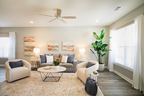 A living room with a rug, a coffee table, a couch, a chair, a plant, and pictures on the wall.