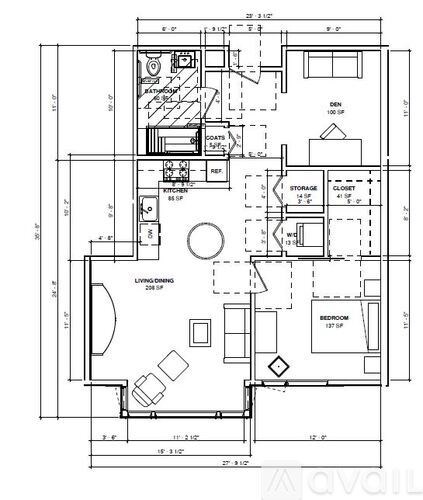 A detailed floor plan of a residential interior with labeled rooms and measurements.