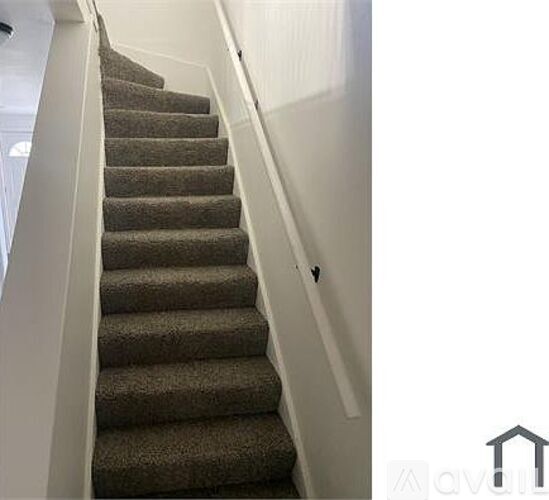 A staircase with a carpeted runner and white risers.