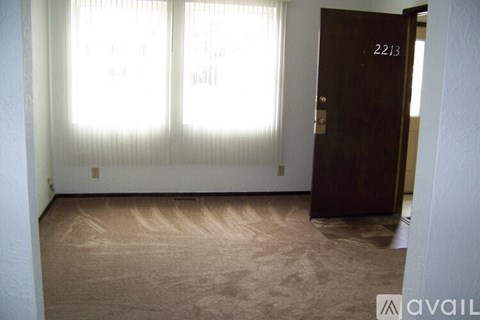 A room with a brown carpet and a brown door with the number 2213 on it.