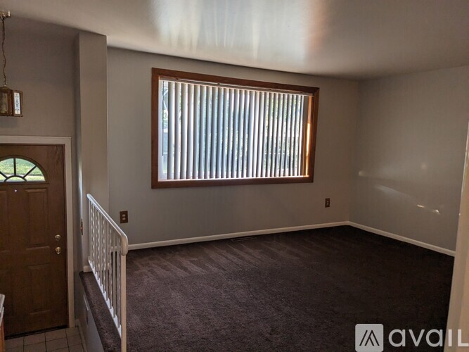 A room with a window covered by blinds and a carpeted floor.