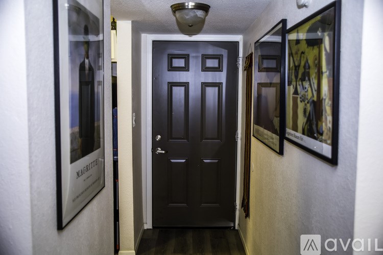 A hallway with a black door and two framed pictures on the wall.