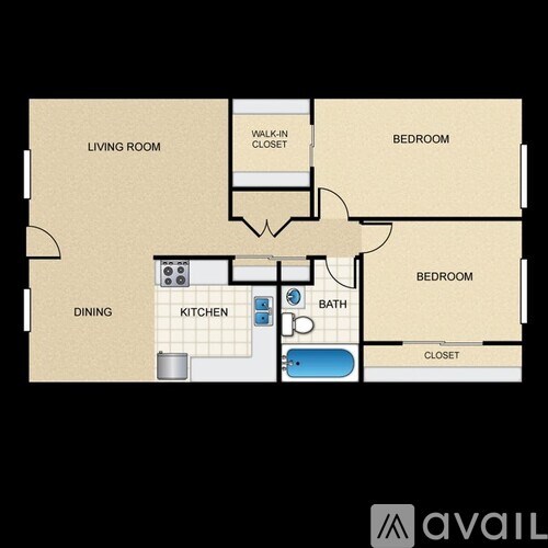 A floor plan of a small apartment with two bedrooms, a living room, a dining area, a kitchen, a bathroom, and a walk-in closet.