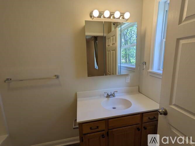 A bathroom with a sink, mirror, and light fixture.