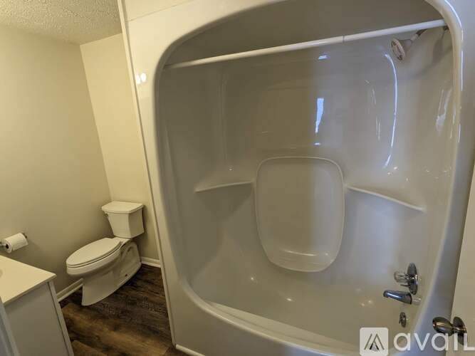 A white toilet is next to a walk-in shower.