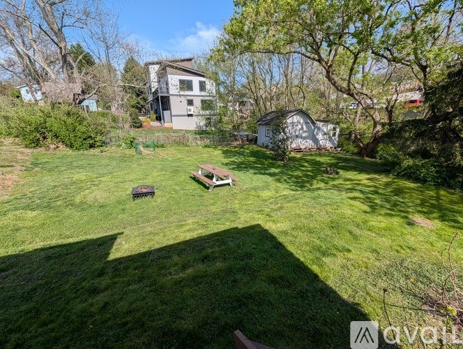 A backyard with a lawn, a fire pit, and a tree.
