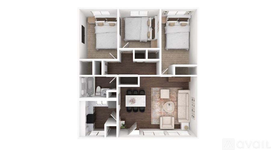 A floor plan of a small apartment with two bedrooms and a bathroom.