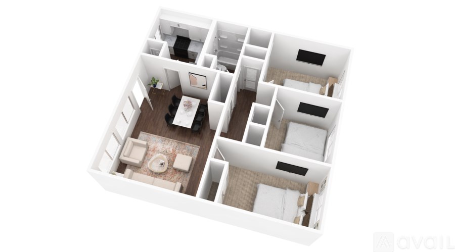 A 3D floor plan of a house with multiple rooms and a kitchen area.