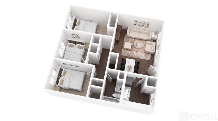 A white 3D model of a house layout with the logo "avail" in the bottom right corner.