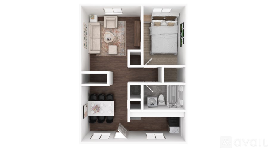 A floor plan of a small apartment with a kitchen, living room, and bathroom.