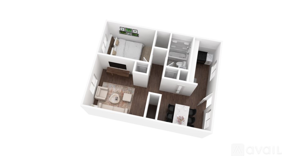 A 3D rendered image of a house layout with a kitchen, living room, and bedrooms.