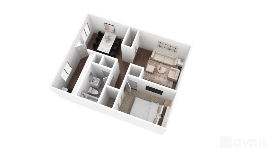 A white 3D layout of a house with various rooms and furniture.