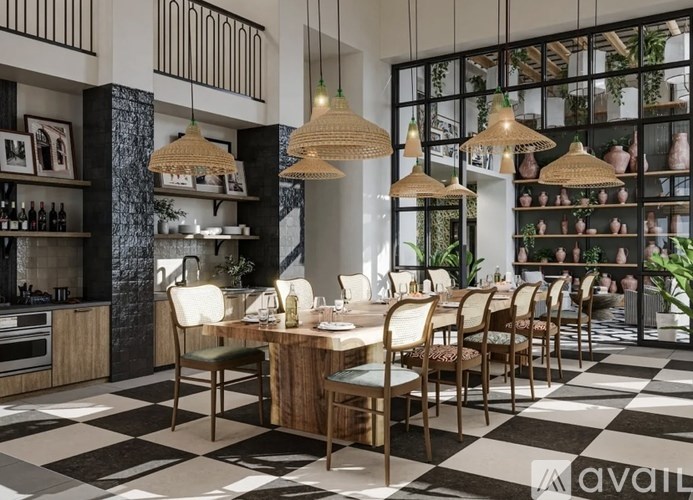 A restaurant with a black and white checkered floor and wooden furniture.