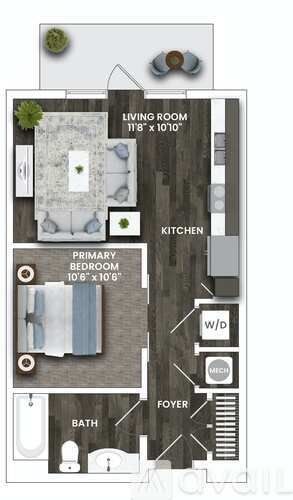 A floor plan of a small apartment with a living room, kitchen, and two bedrooms.