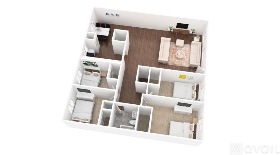A floor plan of an apartment with a kitchen, living room, and two bedrooms.