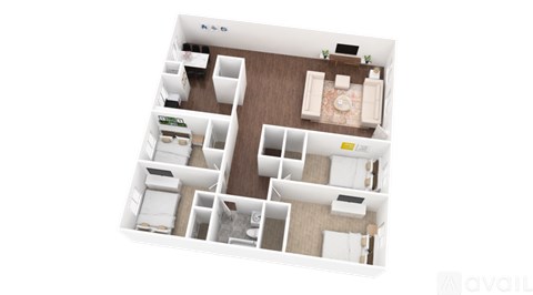 A floor plan of an apartment with a kitchen, living room, and two bedrooms.