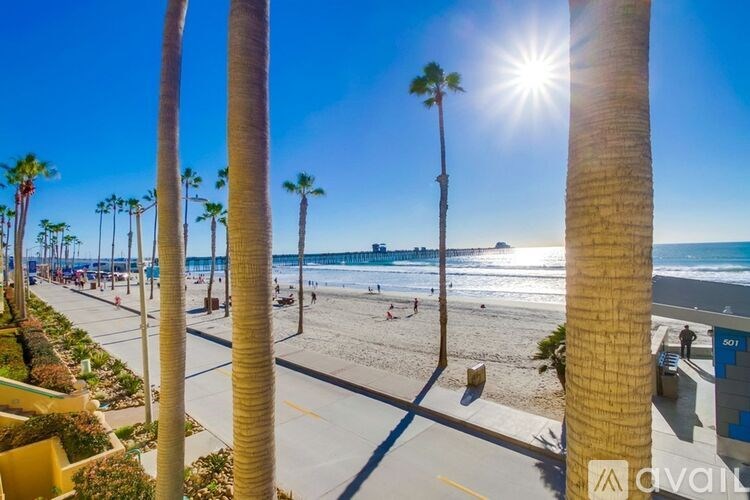 A sunny day at the beach with palm trees and people enjoying the sand.