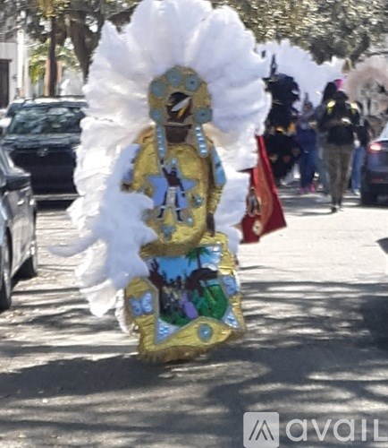 A person in a colorful costume is standing on a street.