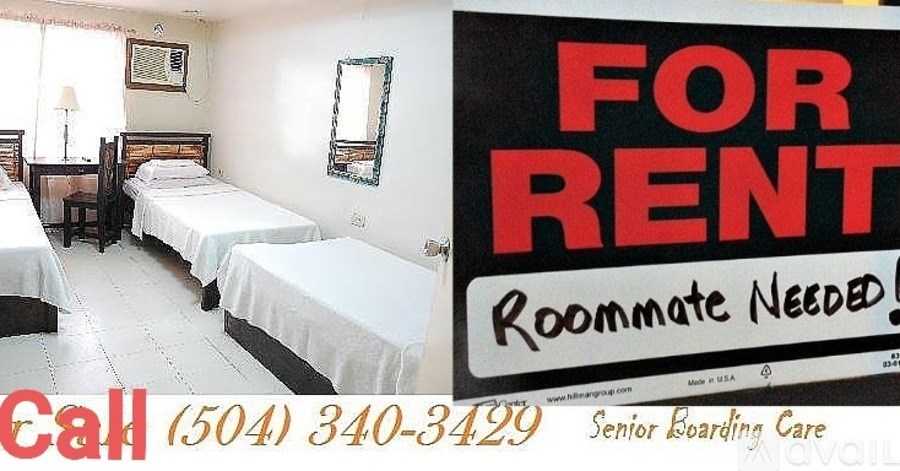 A room for rent sign is displayed in a room with beds.