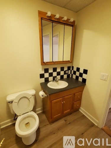 A bathroom with a toilet, sink and mirror.