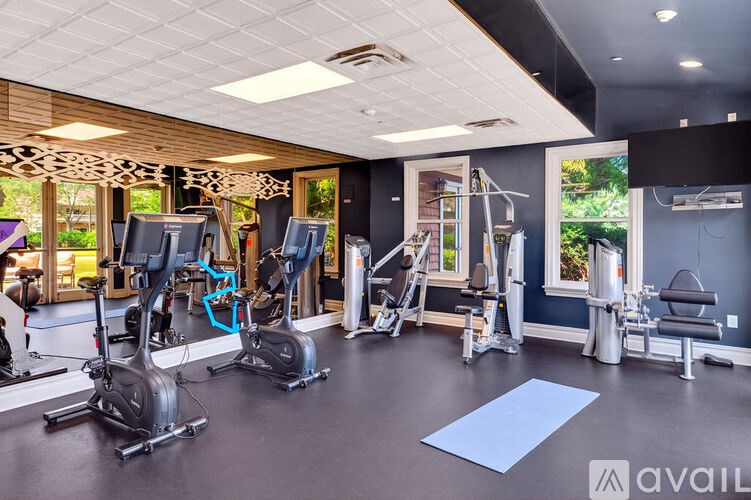 A gym with a variety of equipment including treadmills, stationary bikes, and weight machines.
