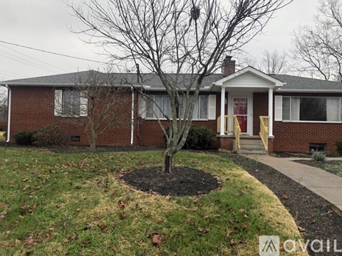 A small tree in a mulched area in front of a house.