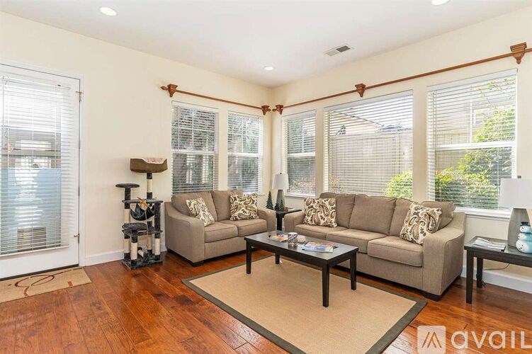 A living room with a couch, coffee table, and a dog.